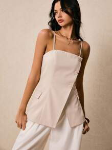 Poéselle 女式夏季纯色单排扣休闲吊带背心 - 杏色 - 查看 3
