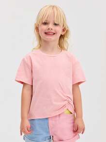 SHEIN Camiseta juvenil de cuello redondo, manga corta y diseño fruncido, de estilo casual y cómodo - Rosa - Ver 1