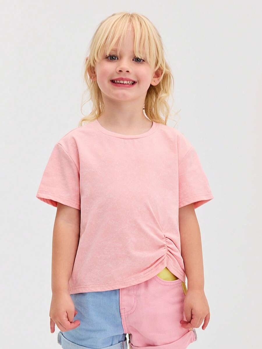 SHEIN Camiseta juvenil de cuello redondo, manga corta y diseño fruncido, de estilo casual y cómodo - Rosa - Ver 1