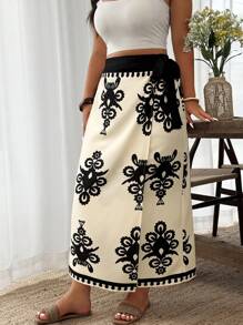Weeklong Plus Size Casual Vintage Floral Print Lace Up Wrap Spódnica - Wielokolorowe - Zobacz 3