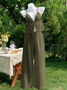 Comfortcana 2件套女式夏季军绿色亚麻吊带背心和裤子套装 - 軍綠色 - 查看 3