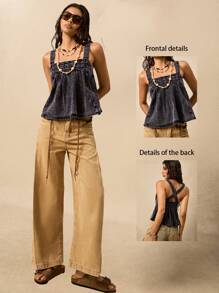 Easelle Vintage Casual Discounted Black Denim Blouse Top For Women - Black - View 2