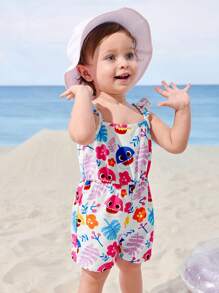 BABY SHARK X SHEIN Baby Girl Floral & Cartoon Shark Print Sleeveless Ruffle Trim Romper, Cool & Breathable Summer Outfit