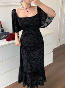 DAZY Đầm nữ dài đến bắp chân, cổ vuông, xếp ly, chất liệu chiffon in hoa, thích hợp cho ngày Valentine, trang phục đi học hoặc đi nghỉ mát. - màu đen - Xem 7