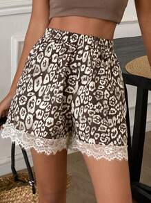 Livesso 女式撞色蕾丝豹纹松紧腰直筒休闲度假短裤，夏季 - 棕色 - 查看 5