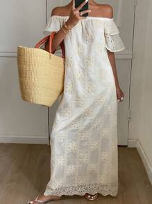 Livesso 女士优雅提花面料露肩荷叶边袖连衣裙，适合秋季度假 - 米色 - 查看 3