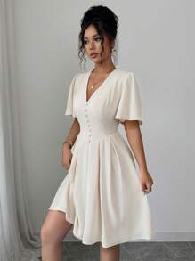 Elenzga 女士休闲 V 领泡泡袖荷叶边下摆短款连衣裙，优雅大方，适合通勤、度假、下午茶、派对 - 杏色 - 查看 5