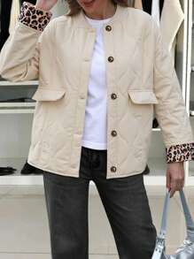 INAWLY Women's Solid Color Splicing Front Button Long Sleeve Pocket Simple Casual Jacket - Cream - View 1