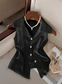GlowEve CURVE Plus Size Elegant Lapel Sleeveless Button Up Shirt - Black - View 1