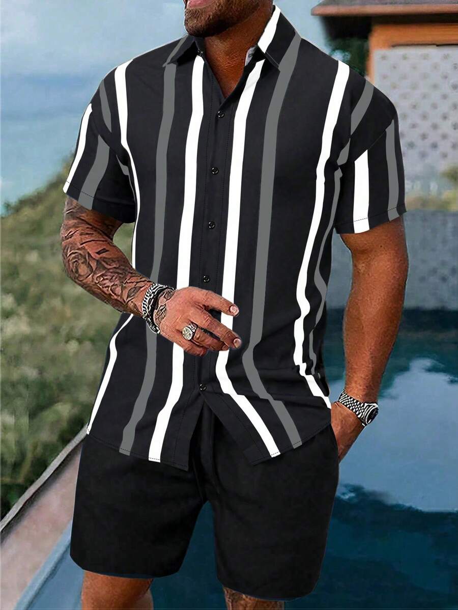 Manfinity Homme 男士两件套条纹短袖单排扣衬衫和短裤休闲套装（不对称剪裁）男士两件套服装男士两件套服装男士两件套服装男士两件套服装 - 彩色 - 查看 1