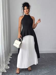 Elenzga Women's Plus Size Stand Collar Color Block Long Dress, Elegant Pleated Dress For Party, Summer - Multicolor - View 5