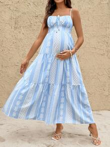 SHEIN 孕妇几何印花荷叶边下摆度假吊带连衣裙