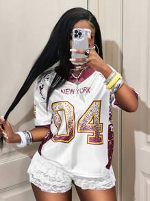 BamGleam Áo thun nữ cổ tròn tay ngắn dáng rộng thoải mái in số - trắng - Xem 6