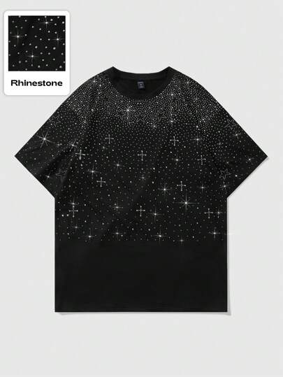 Street Life Camiseta de manga corta con diseño de patrón de strass con pentagrama y cruz, estilo gótico estadounidense, unisex, para rave, Halloween