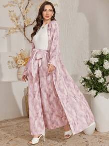 Al Najma Bộ đồ thường ngày 2 món cho nữ: Áo khoác/Áo khoác Cardigan dài tay in họa tiết nhuộm loang và quần - Bụi hồng - Xem 6
