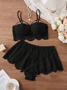 Plus Size Sexy Revealing Lace Bra Top And Shorts Pajama Set