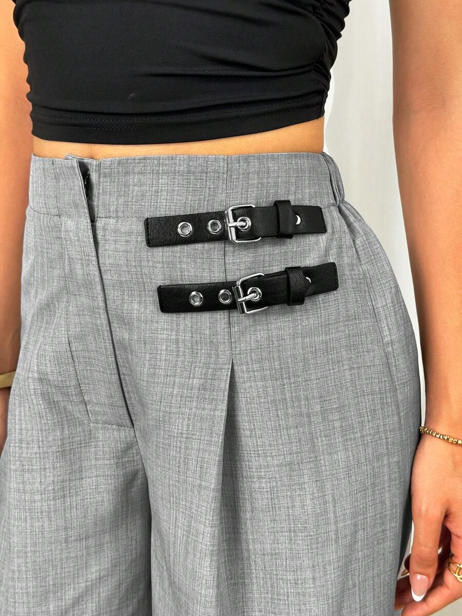 Modelyn Women's Double-Breasted Design Straight-Leg Wide Leg Pants, Spring/Summer - Dark Grey - View 1