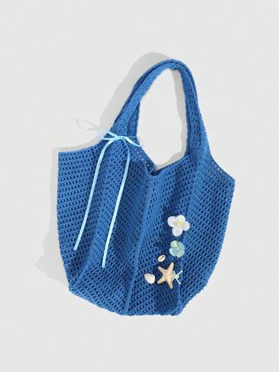 Fairycore 1 pieza Bolso de tote de hombro azul para mujer de gran capacidad con estilo de resort de playa tropical, diseño recortado de conchas marinas, estrellas de mar y flores