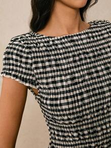 Poéselle 女式夏季休闲格子修身衬衫 - 黑與白 - 查看 5