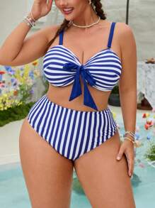 SHEIN Swim Curve 大码女式 3 件套系带比基尼上衣、中长下装和泳裙，简约设计，休闲泳衣 - 彩色 - 查看 5