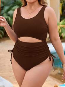 SHEIN 1套加大码女式海军蓝休闲度假连体泳衣（带罩衫） - 咖啡棕 - 查看 4