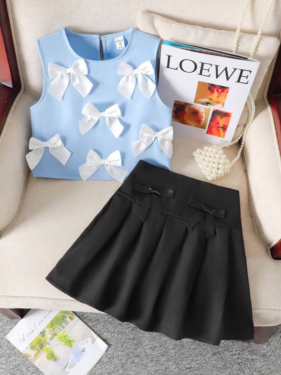 2pcs/Set Tween Girl Woven Solid Color Cute Bow Decor Sleeveless Top & Bow Decor Pleated Mini Skirt, French Elegant Fashion Set, Suitable For Graduation Party, Birthday Gathering - Baby Blue - View 1