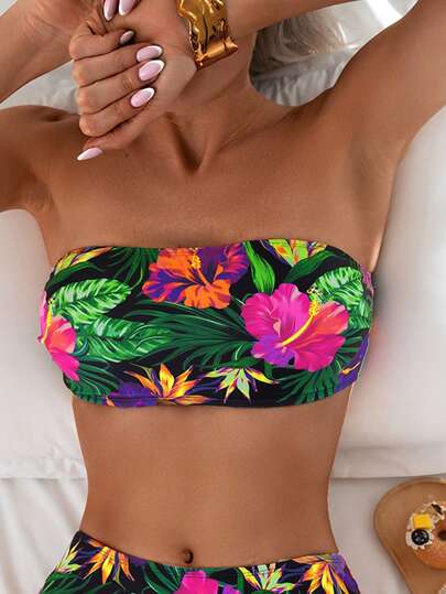 Swim Lushoire Women's Summer Floral Random Print Bandeau Bikini Top, Suitable For Beach Vacation