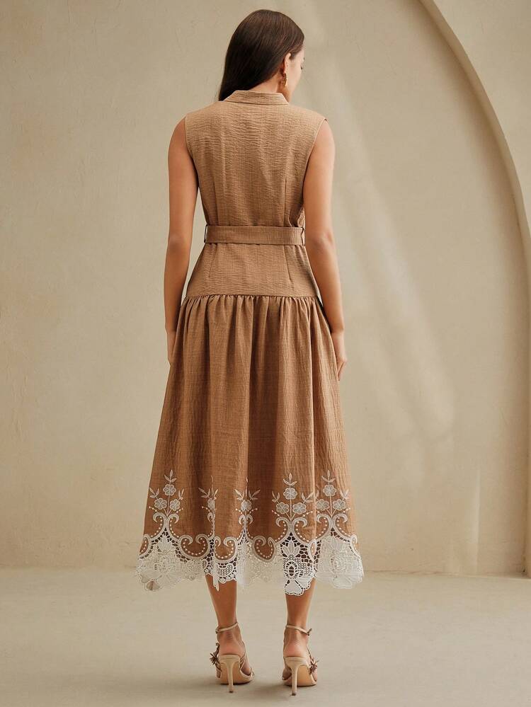 European & American Niche Embroidery Hollow Out Resort Style Waist-Cinched Slimming Long Dress