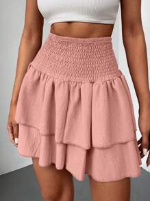 SHEIN Petite Size Summer Casual Solid Color High Waist Mini Skirt - Pink - View 4