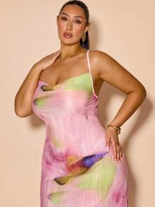 SHEIN BAE 大码女式优雅花卉印花超长吊带裙、度假装、度假太阳裙、海滩度假装、热带度假女装、女式夏季服装、太阳裙、日常穿着、露背连衣裙、超长连衣裙、女式花卉连衣裙、褶皱、女式淡色连衣裙 - 彩色 - 查看 7