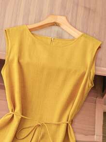 Rusticease Women Summer Solid Color Round Neck Sleeveless Casual Midi Dress Butter Yellow Bandage Dress Vacay Outfits Women
