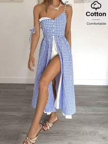 Siren Gaze 格子蓝白荷叶边下摆优雅夏季吊带裙女装 2025，二合一长款太阳裙，前扣和蝴蝶结肩带，蓝色格子连衣裙，蓝白相间的连衣裙，女式夏季连衣裙，沙滩裙，格子连衣裙 - 藍白色 - 查看 2