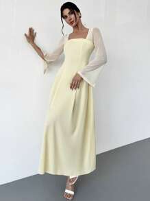 Firerie Women's Elegant Dignified Charming Dress With Square Neck, Mesh Panels, Extra Long Slit Sleeves, A-Line, Yellow Color, Suitable For Banquet, Wedding Guest, Vacation, Graduation Dress, Vacation Outfits Woman - Yellow - View 4