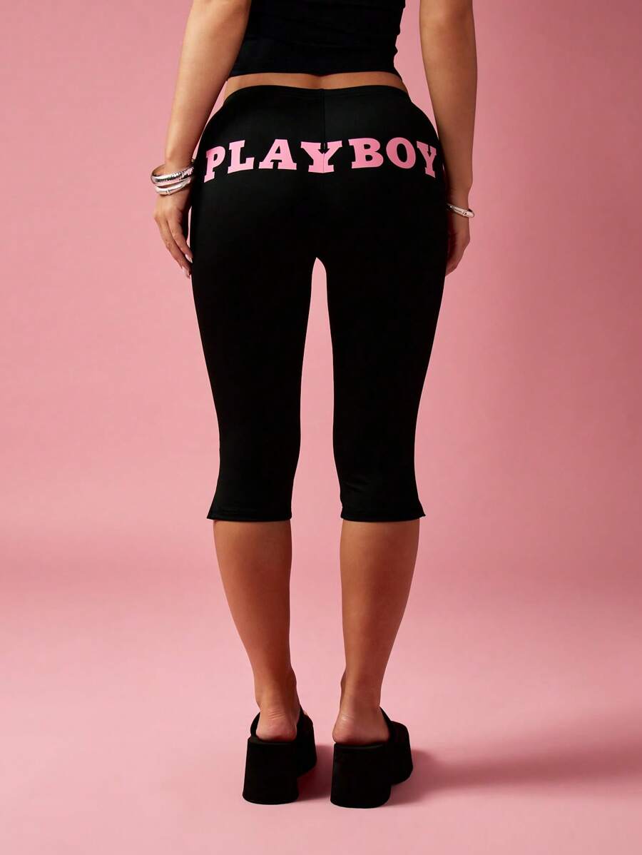 Missguided x Playboy 中长款运动七分弹力紧身裤 休闲日常家居服 春夏舒适版型 - 黑色 - 查看 1