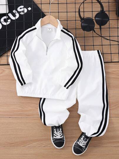 SHEIN Bộ 2 quần áo trẻ em tay dài raglan thường ngày cổ đứng có dây đeo trang trí viền áo hở một nửa và quần cạp chun, chất liệu nỉ dày