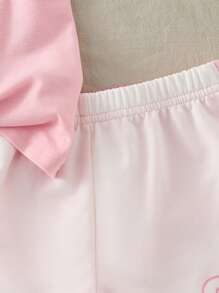 SHEIN Explorewe 2件套女童字母印花宽松休闲T恤和撞色数字印花休闲短裤，2025夏季返校季儿童学院风套装和运动服 - 粉色 - 查看 7