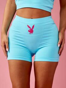 Missguided x Playboy Quần short biker cạp cao co giãn tập gym khiêu vũ quần dài lễ hội mùa hè - Màu xanh lam - Xem 1