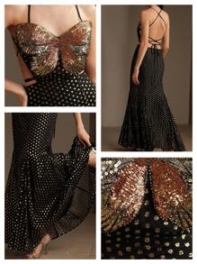 Heavy Embroidered Butterfly Chiffon Jacquard A-Line Dress - Black - View 7