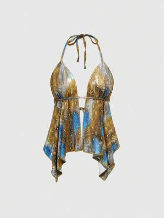 J-Fashion Top senza schiene con stampa leopardata, colletto alla halter, fibbia in metallo