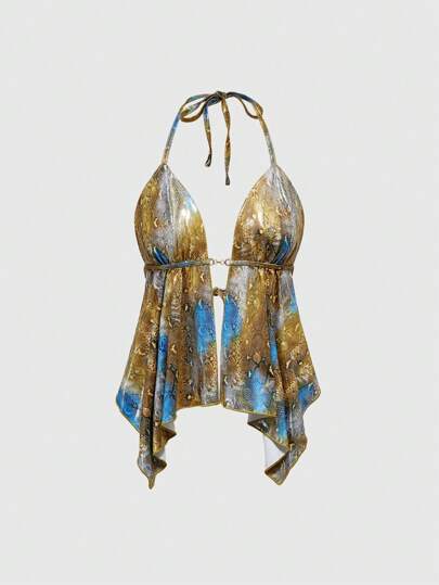 J-Fashion سترة ظهر مكشوف مطبوع بنمط النمر برقبة حلقوية مزودة بإبزيم معدني