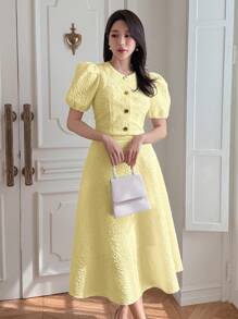 DAZY 2件套女士圆领泡泡袖上衣和裙子套装