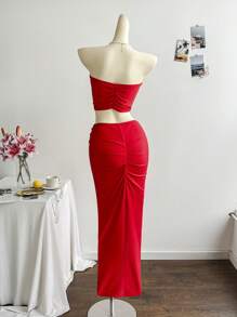 Soleia Bộ 2 áo và váy xếp nếp cổ chữ V, thích hợp cho kỳ nghỉ, lễ hội âm nhạc, phong cách Bohemian, ngày lễ, hẹn hò, trà chiều, làm bằng vải móc và vải lanh, mùa xuân/hè - Màu vàng - Xem 2