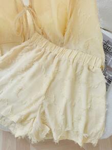 SHEIN 2Pcs Set Women Textured Fabric Shirt And Shorts Fall Cloth For Women - Apricot - View 8