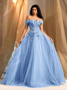 Glamrae Váy dài maxi bằng vải tuyn đính ren hoa 3D hở vai màu xanh lá cây sang trọng thanh lịch có độ xòe cực lớn, phù hợp cho đám cưới, tiệc tùng, sự kiện, tiệc chiêu đãi, lễ cưới (được tô điểm nhiều) - Màu xanh lam - Xem 2
