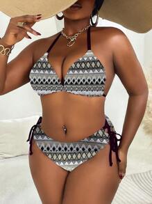 Slaydiva Plus Size Women 2pcs Set Textured Fabric Tied Triangle Sexy Bikini Swimsuit Set, Beach Vacation