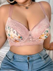 SHEIN 1pc Plus Size Lace Insert Printed Underwire Bra - Apricot - View 1
