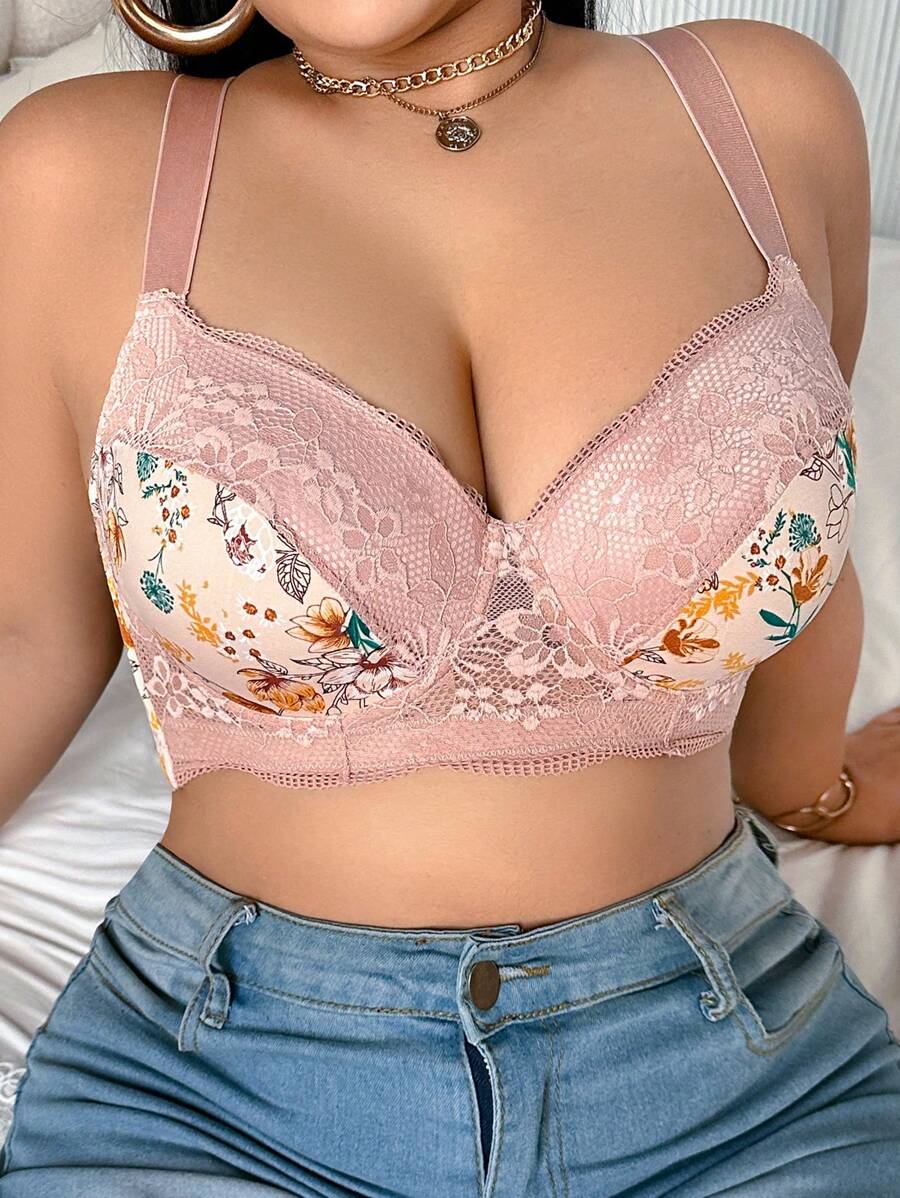 SHEIN 1pc Plus Size Lace Insert Printed Underwire Bra - Apricot - View 1