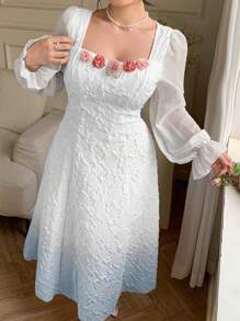 Modelyn Vestido de línea A con cintura ceñida, decoración floral degradada azul, talla grande - Azul - Ver 1