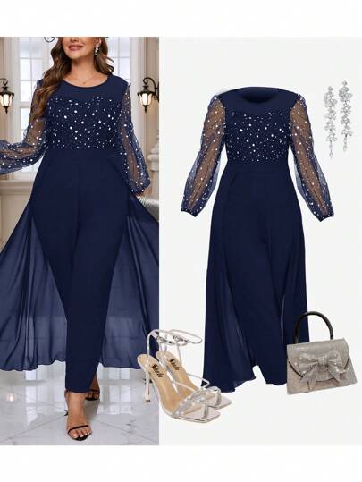 Ellevyn 加大码优雅圆领网眼泡泡袖二合一连体裤优雅女士服装