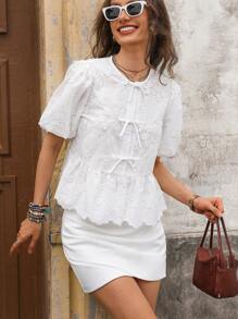 Solivie Blusa con mangas abullonadas bordadas, adecuada para vacaciones y uso diario